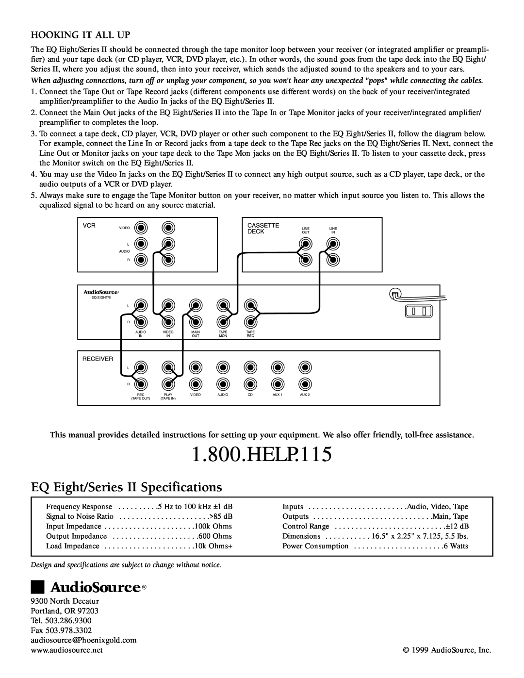 AudioSource owner manual Hooking It All Up, HELP.115, EQ Eight/Series II Specifications 