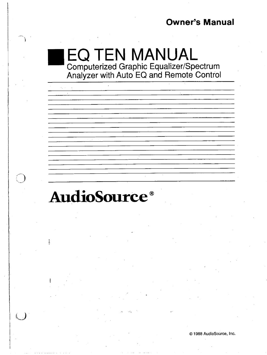 AudioSource Computerized Graphic Equalizer/Spectrum Analyzer with Auto EQ and Remote Control, EQ Ten manual 