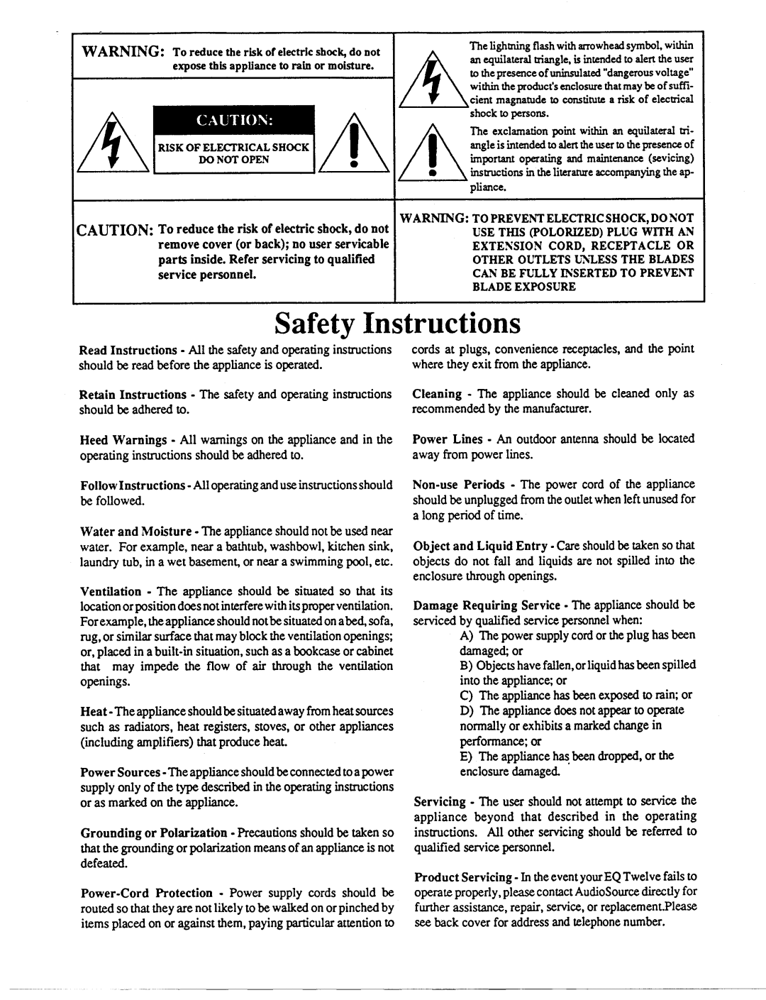 AudioSource EQ Twelve, Graphic Equalizer/Spectrum Analyzer with Pink Noise Generator and Calibrated Microphone manual 