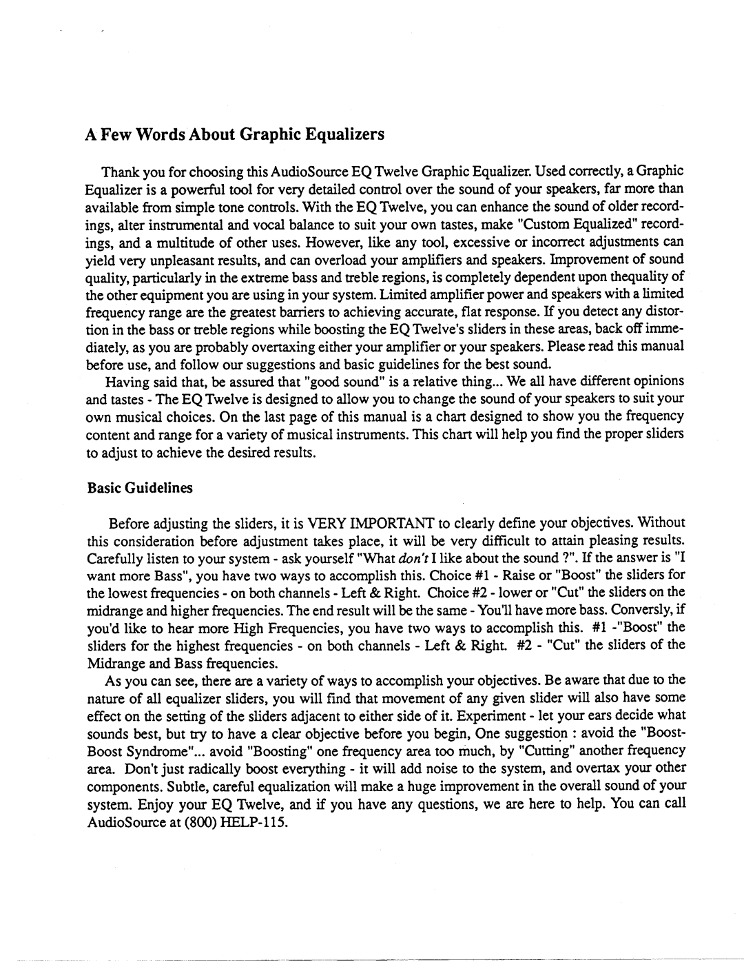 AudioSource Graphic Equalizer/Spectrum Analyzer with Pink Noise Generator and Calibrated Microphone, EQ Twelve manual 