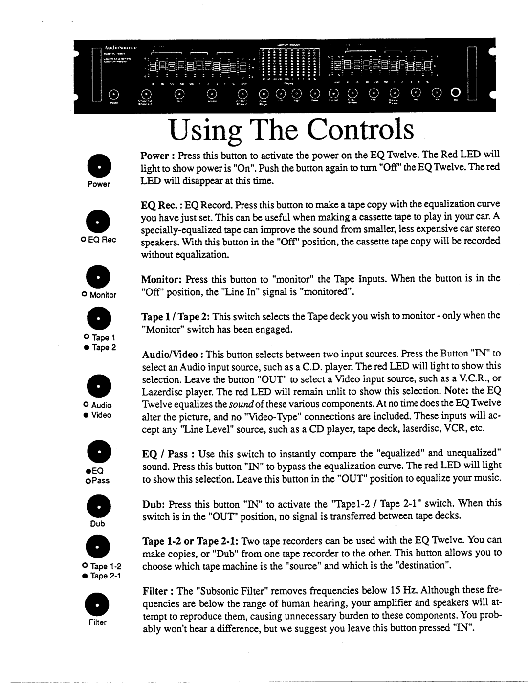 AudioSource EQ Twelve, Graphic Equalizer/Spectrum Analyzer with Pink Noise Generator and Calibrated Microphone manual 
