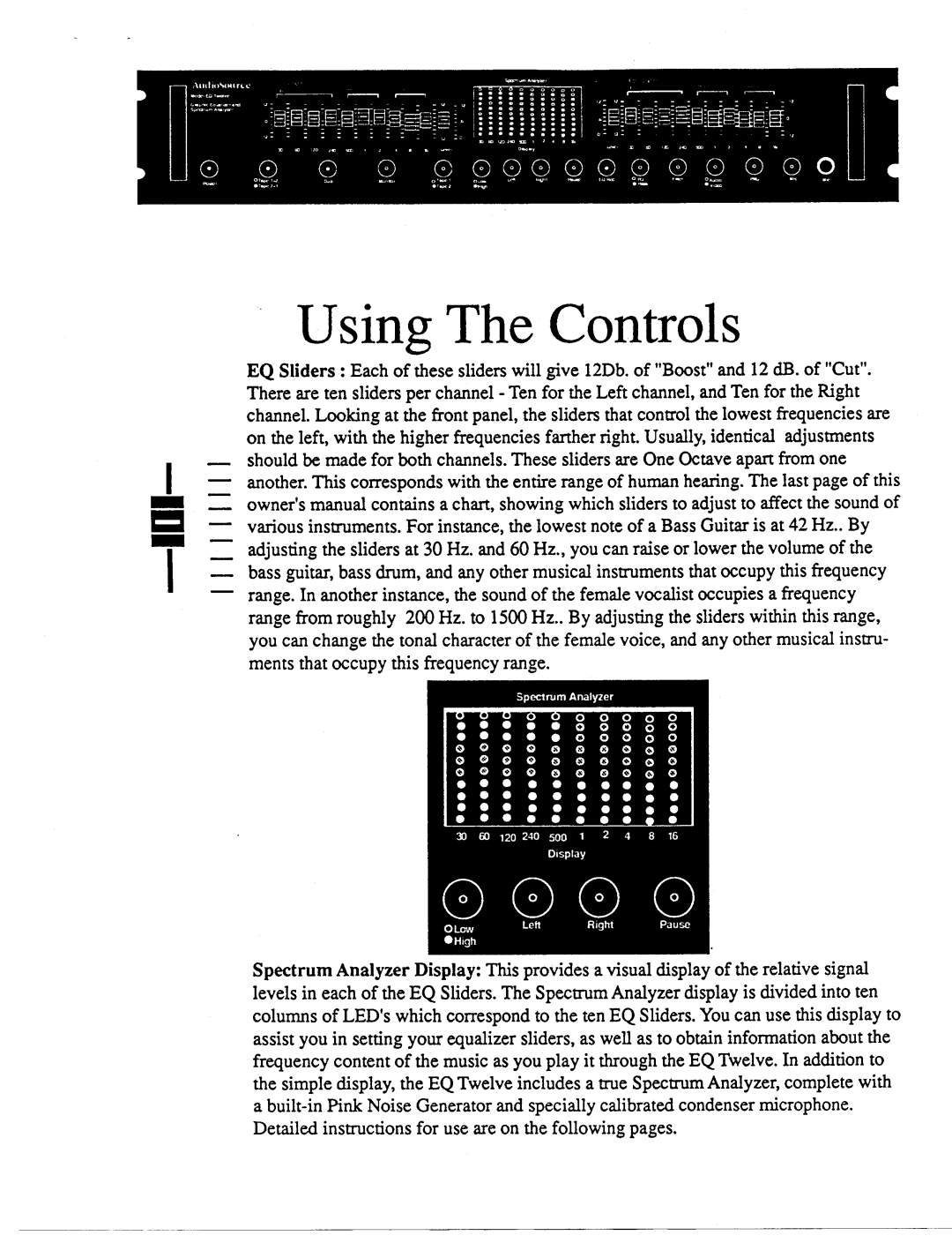 AudioSource Graphic Equalizer/Spectrum Analyzer with Pink Noise Generator and Calibrated Microphone, EQ Twelve manual 