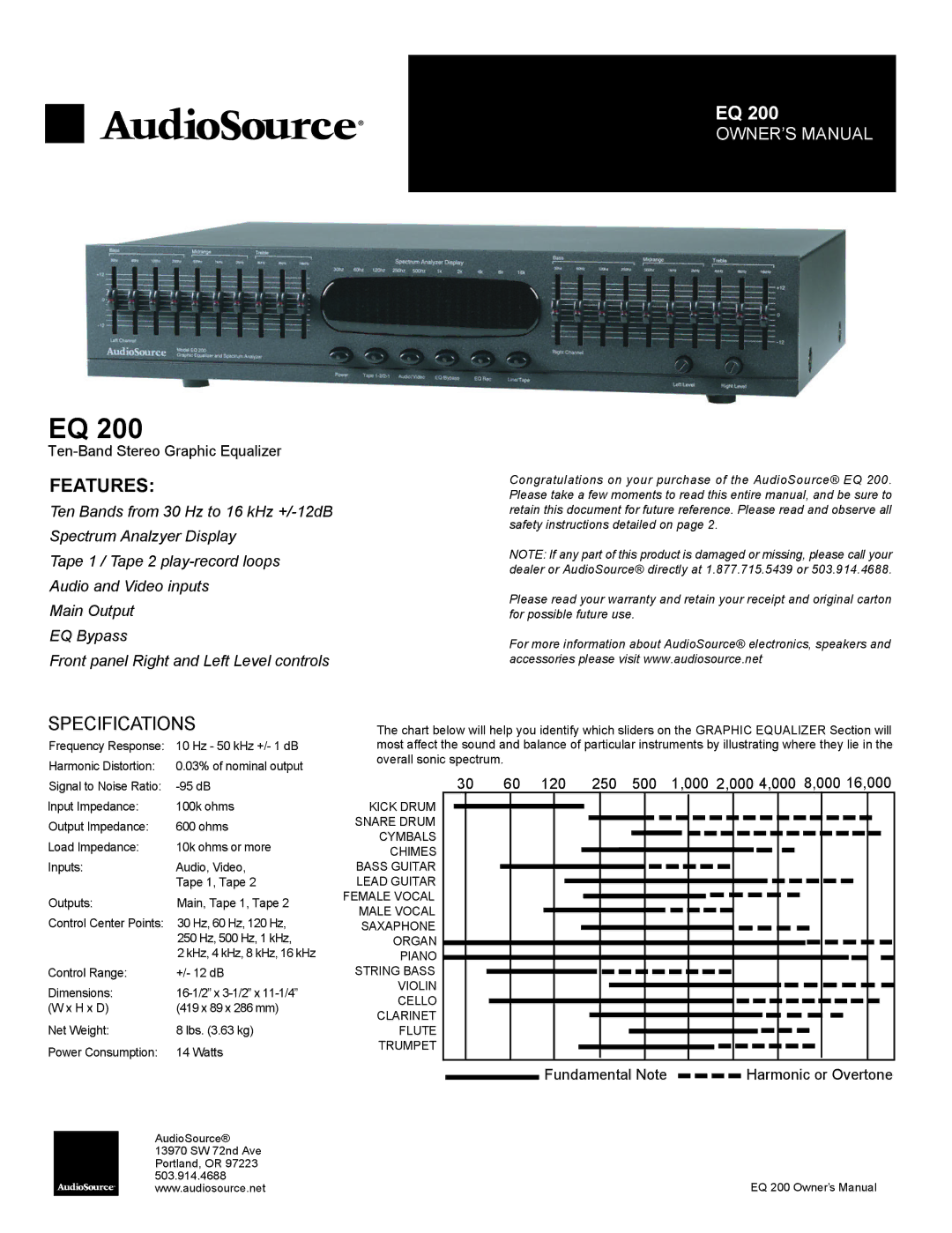 AudioSource EQ200 owner manual Features 