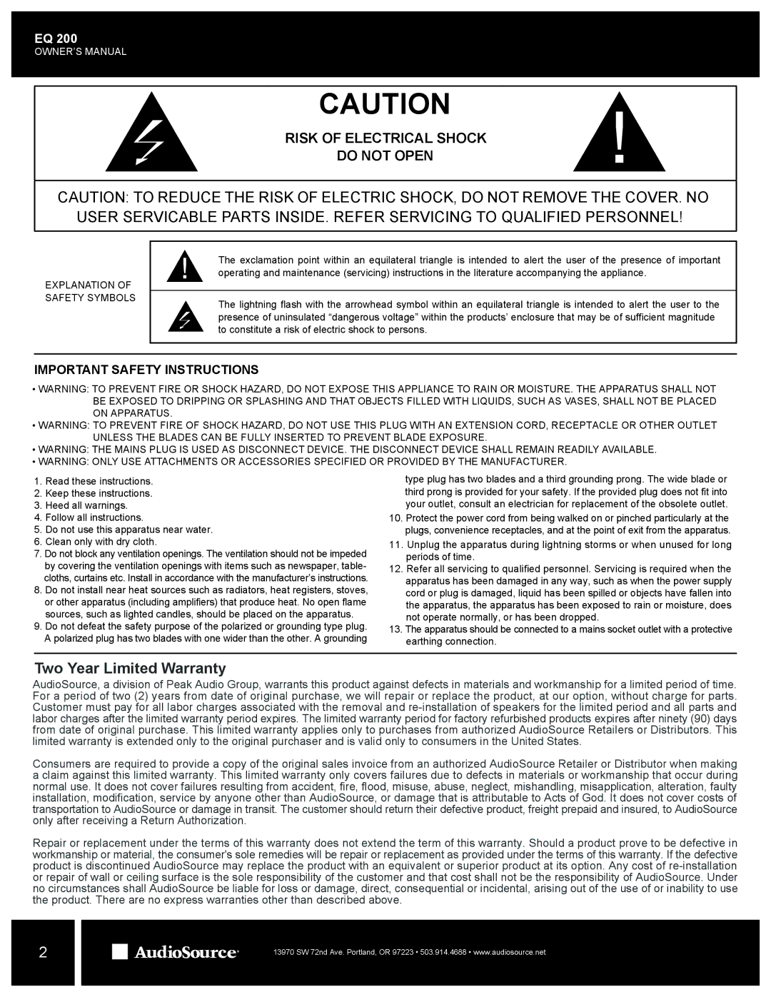 AudioSource EQ200 owner manual Two Year Limited Warranty 