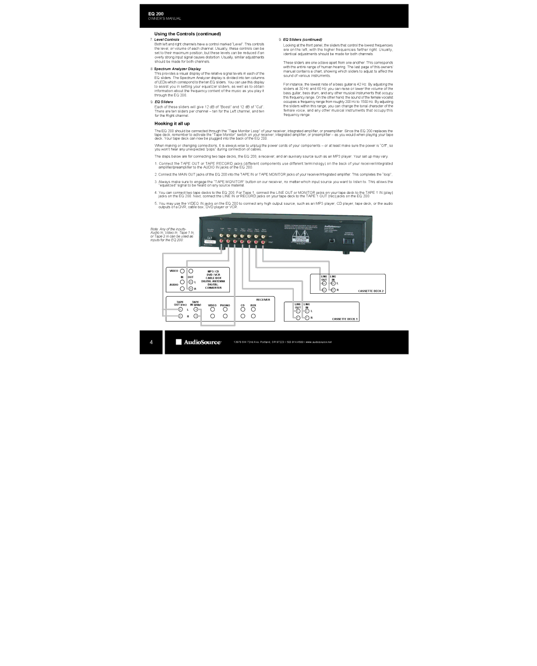 AudioSource EQ200 owner manual Using the Controls, Hooking it all up, Level Controls, Spectrum Analyzer Display, EQ Sliders 