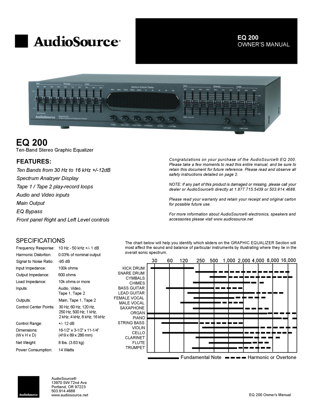 AudioSource EQ200 owner manual Features, Specifications, Ten-BandStereo Graphic Equalizer, Main Output EQ Bypass 
