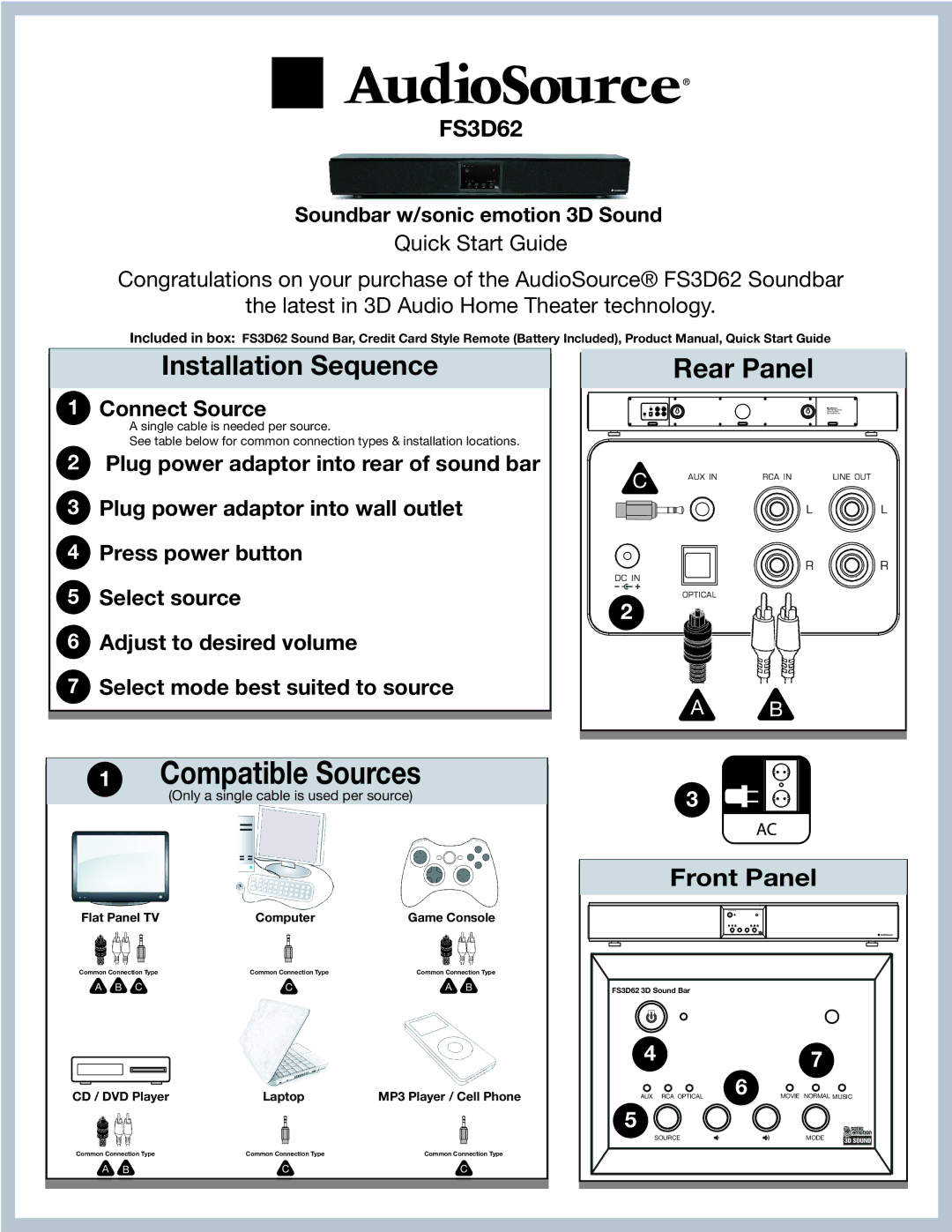 AudioSource Soundbar w/Sonic Emotion 3D Sound, FS3D62 quick start Computer, CD / DVD Player 