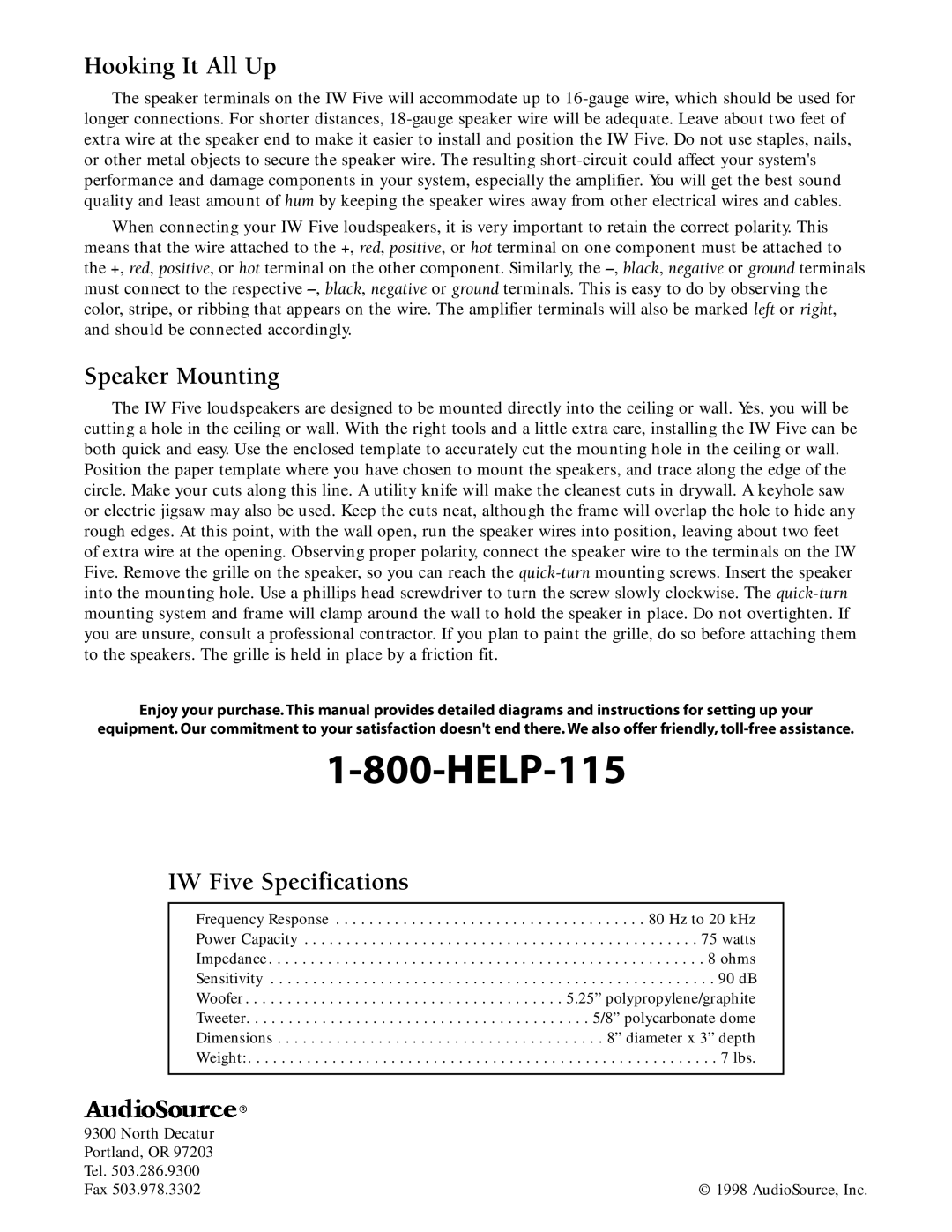 AudioSource owner manual HELP-115, Hooking It All Up, Speaker Mounting, IW Five Specifications 