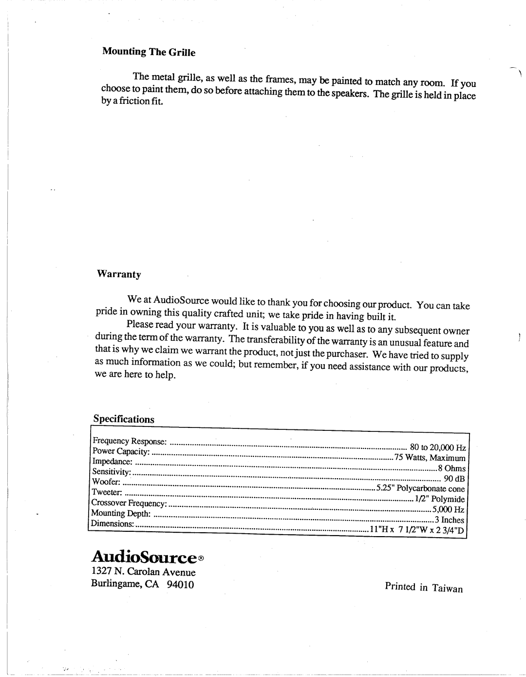 AudioSource IW One, AudioSource In-Wall Two Way Stereo Speaker System manual 