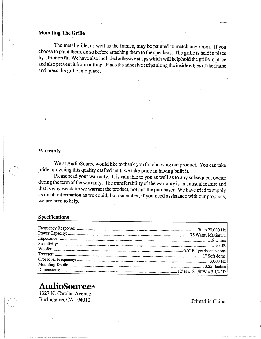 AudioSource IW Two, In-Wall Two Way Stereo Speaker System manual 