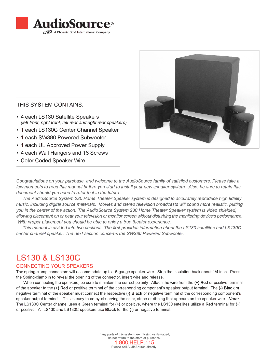 AudioSource user manual LS130 & LS130C, Connecting Your Speakers 