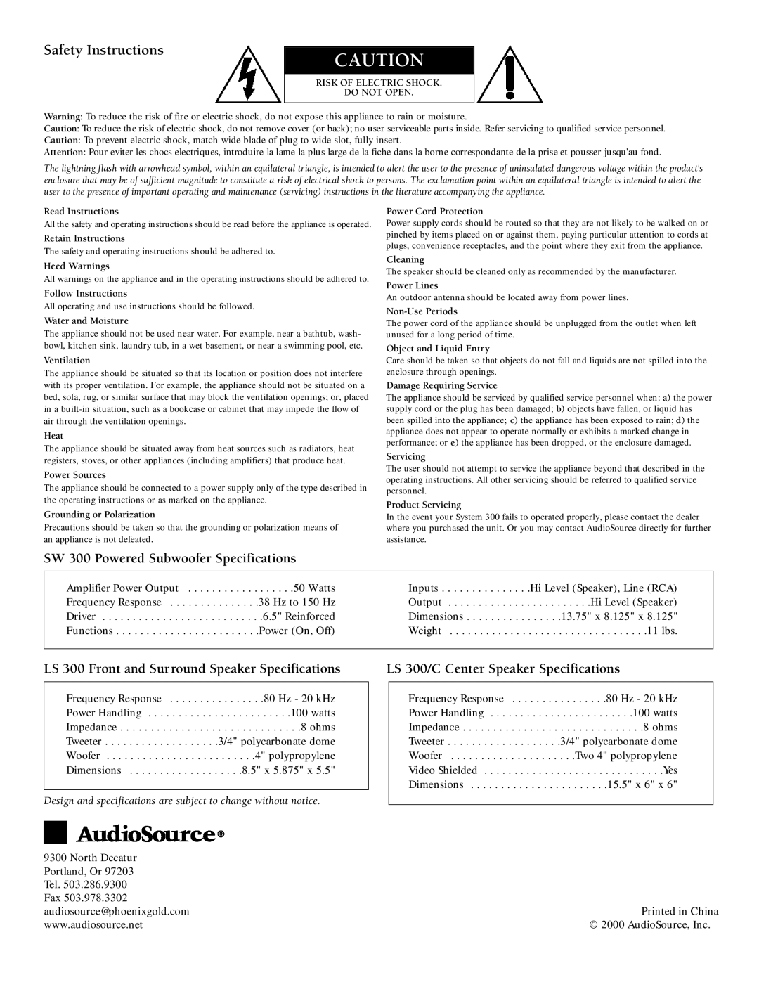 AudioSource LS300 owner manual SW 300 Powered Subwoofer Specifications, LS 300 Front and Surround Speaker Specifications 