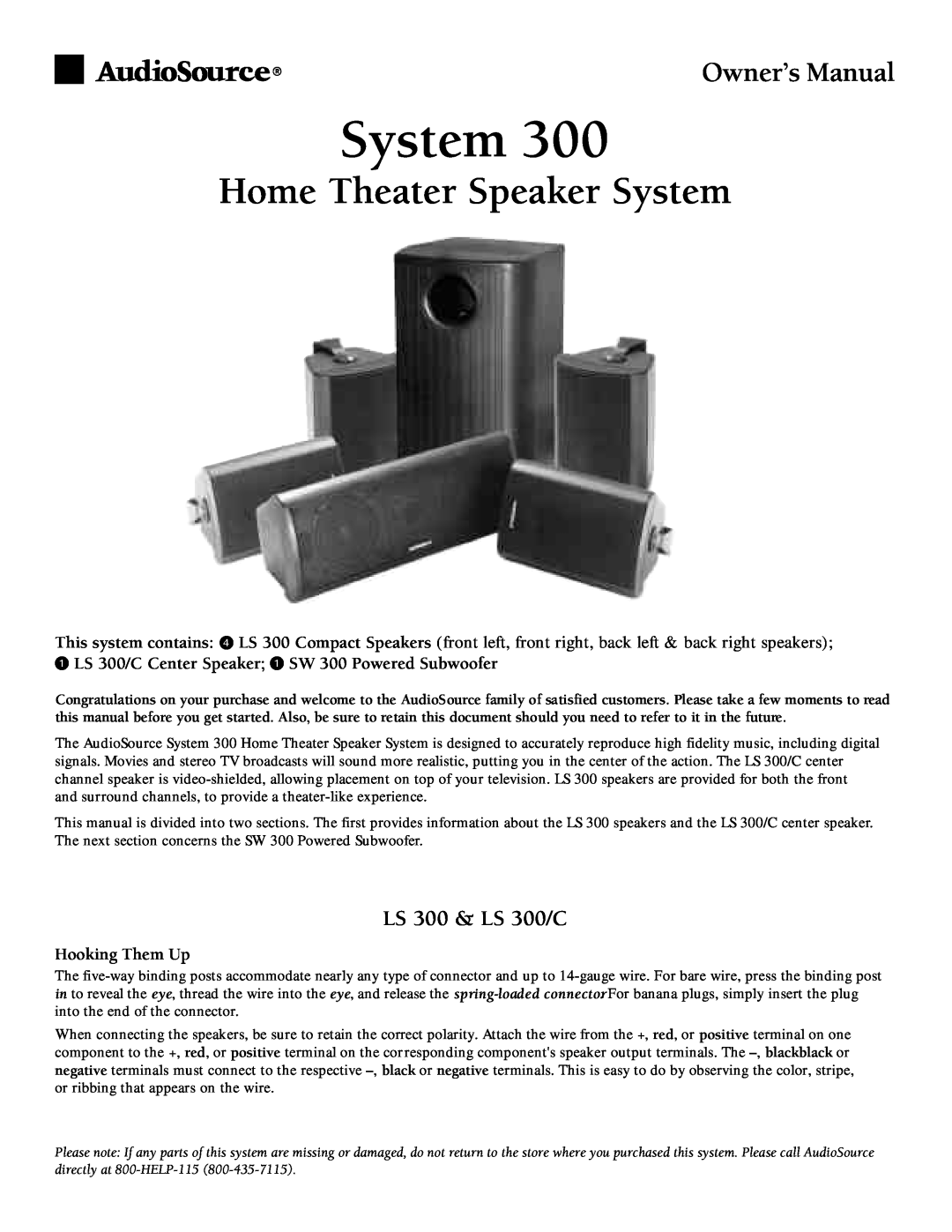 AudioSource LS300 owner manual LS 300 & LS 300/C, Hooking Them Up, Home Theater Speaker System 