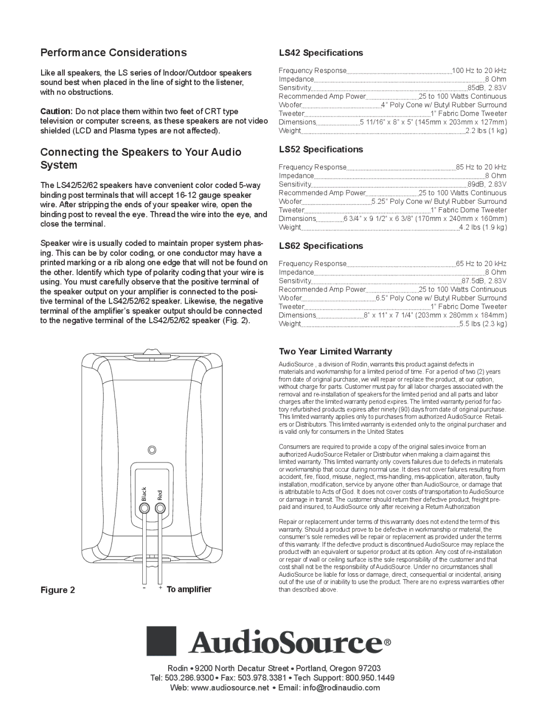 AudioSource LS42/52/62 installation manual Performance Considerations, Connecting the Speakers to Your Audio System 