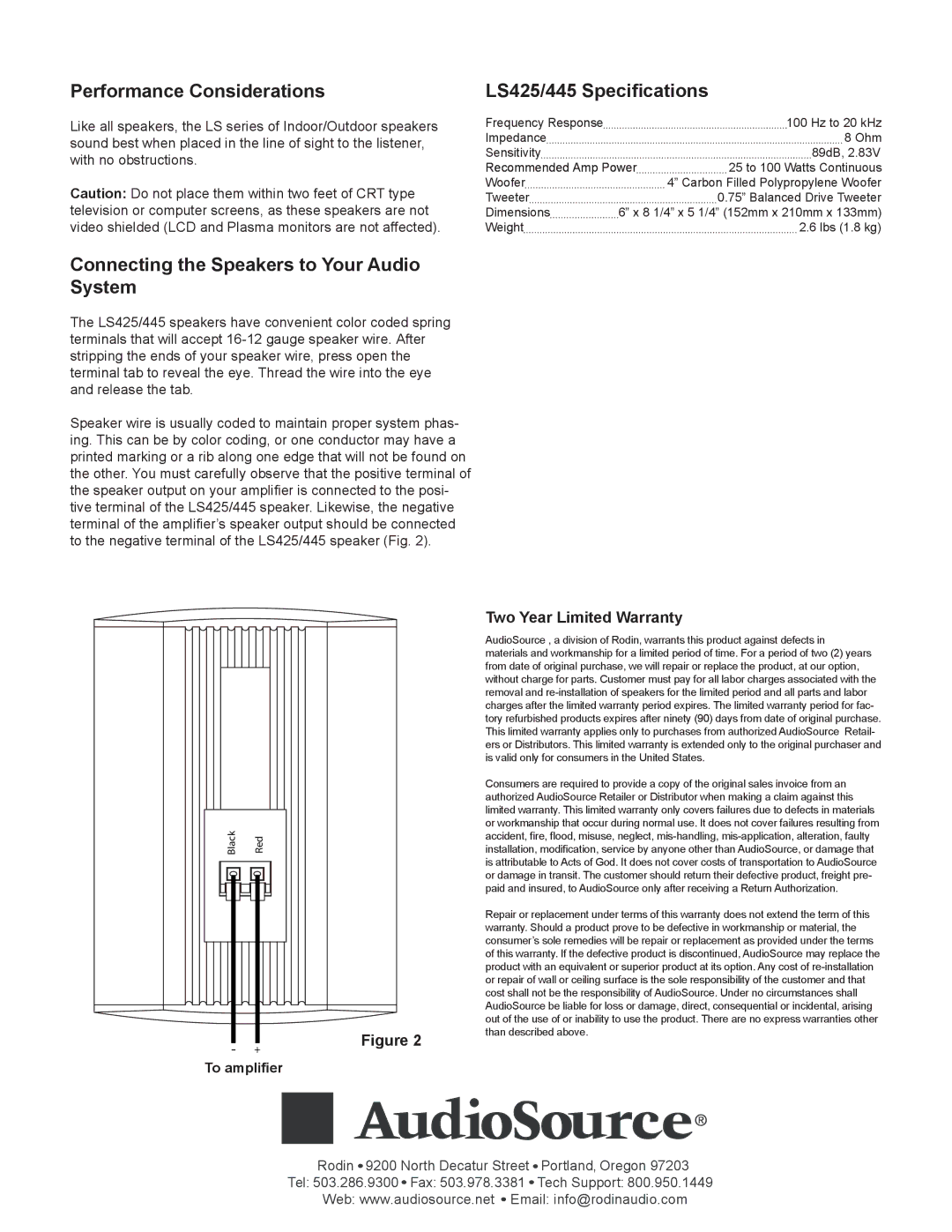 AudioSource Performance Considerations, LS425/445 Speciﬁcations, Connecting the Speakers to Your Audio System 