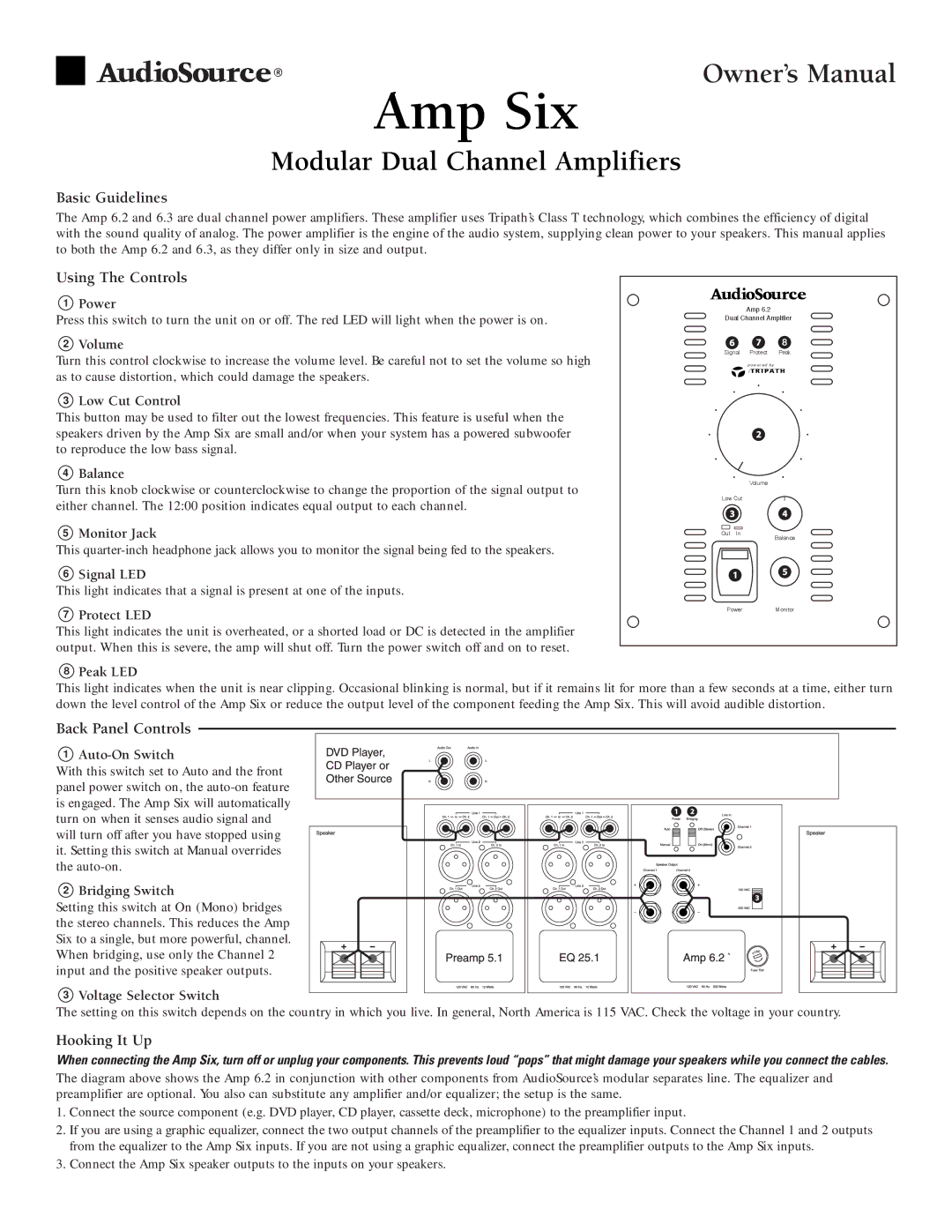 AudioSource Modular Dual Channel Amplifiers owner manual Basic Guidelines, Using The Controls, Back Panel Controls 