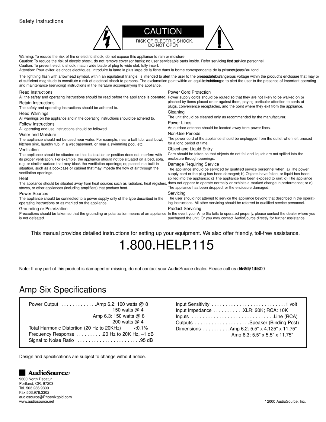 AudioSource Amp Six, Modular Dual Channel Amplifiers owner manual Safety Instructions 