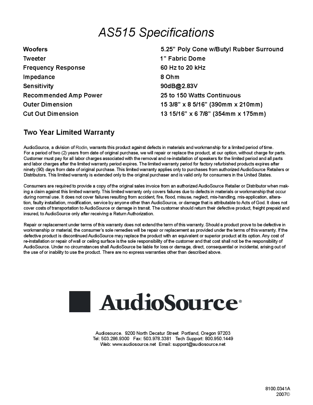 AudioSource MTM In-Wall Cinema Speaker installation manual AS515 Speciﬁ cations, Woofers 