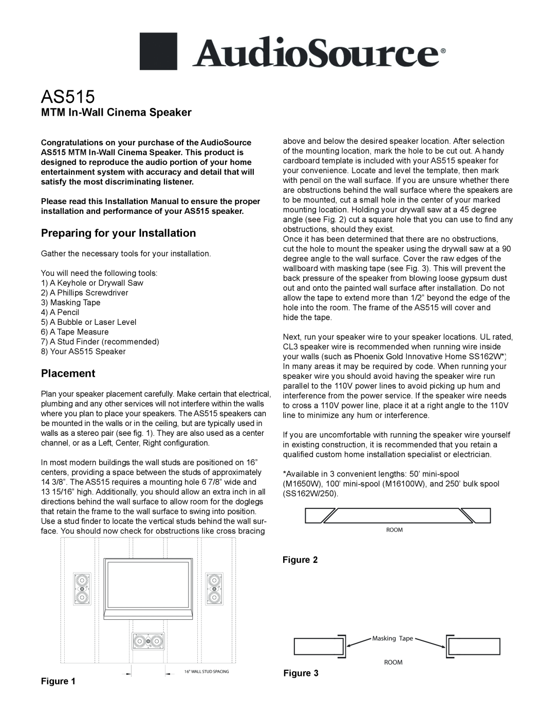 AudioSource MTM In-Wall Cinema Speaker installation manual AS515, MTM In-WallCinema Speaker, Placement 
