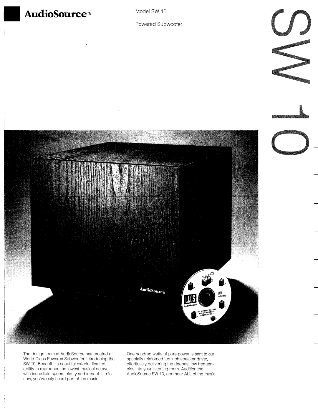AudioSource Model SW 10, Powered Subwoofer manual 