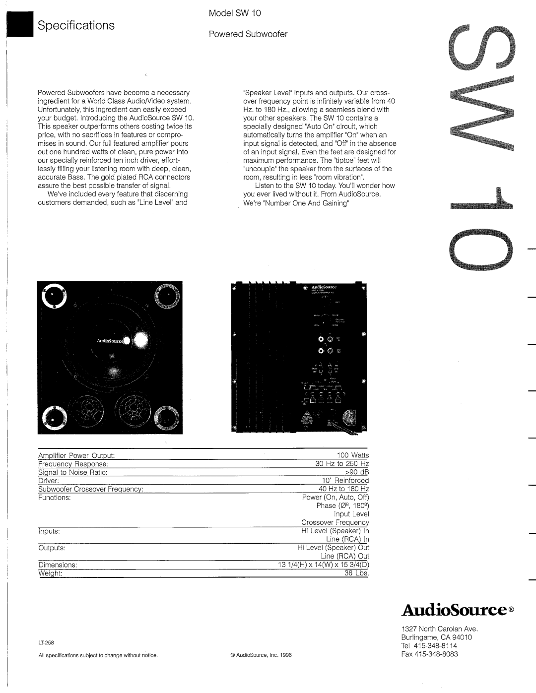AudioSource Powered Subwoofer, Model SW 10 manual 