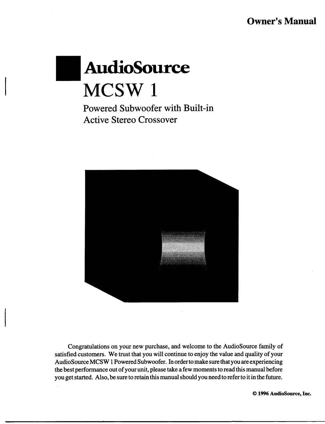 AudioSource Powered Subwoofer with Built-in Active Stereo Crossover, MCSW 1 manual 