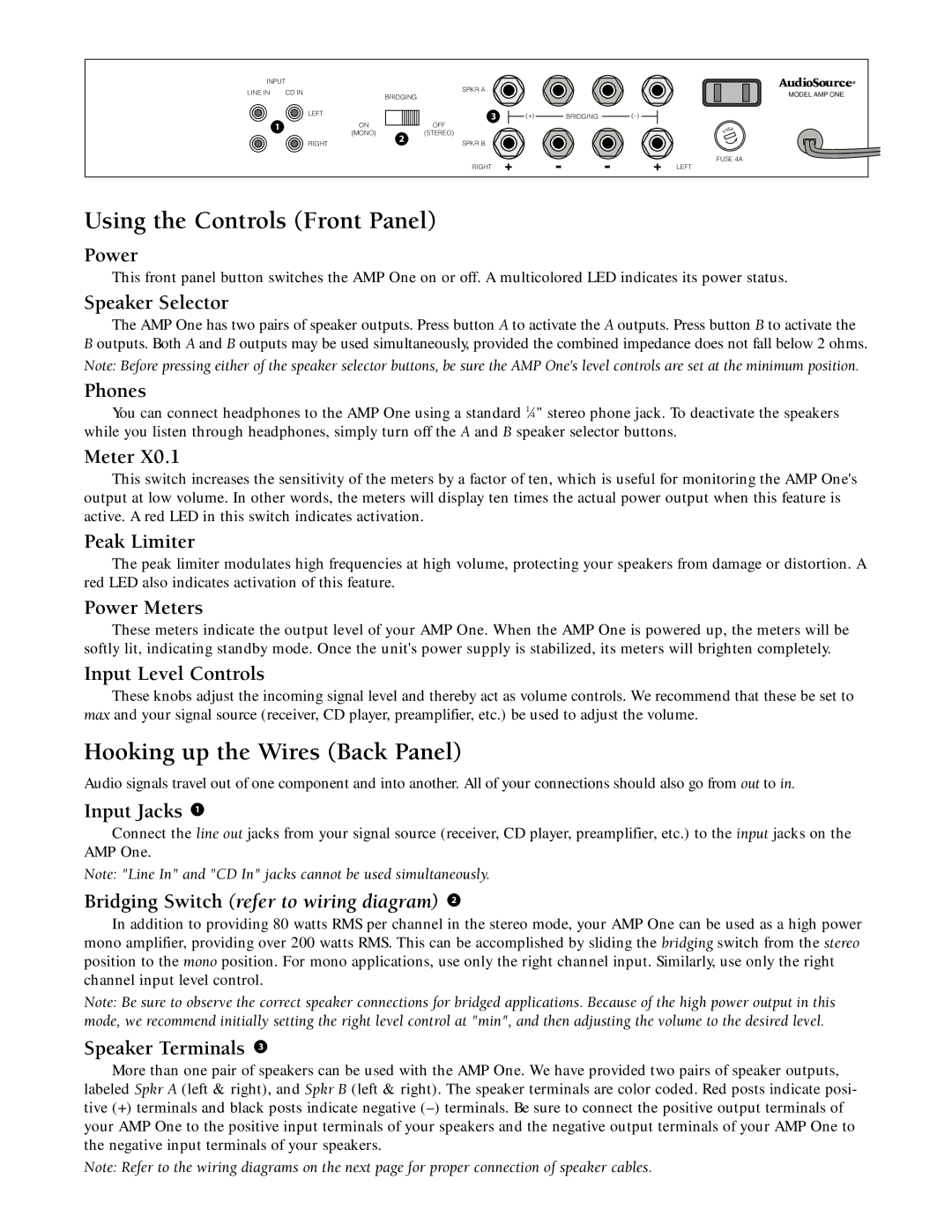 AudioSource PROJECTONE owner manual Using the Controls Front Panel, Hooking up the Wires Back Panel 