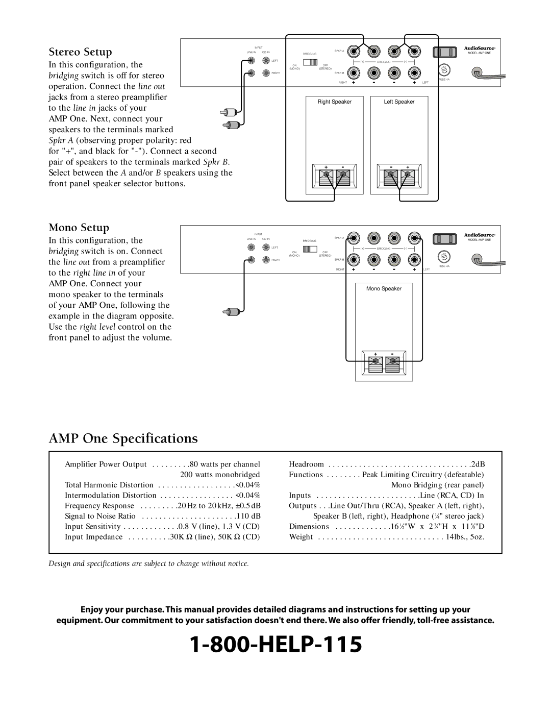 AudioSource PROJECTONE owner manual AMP One Specifications, Stereo Setup, Mono Setup 