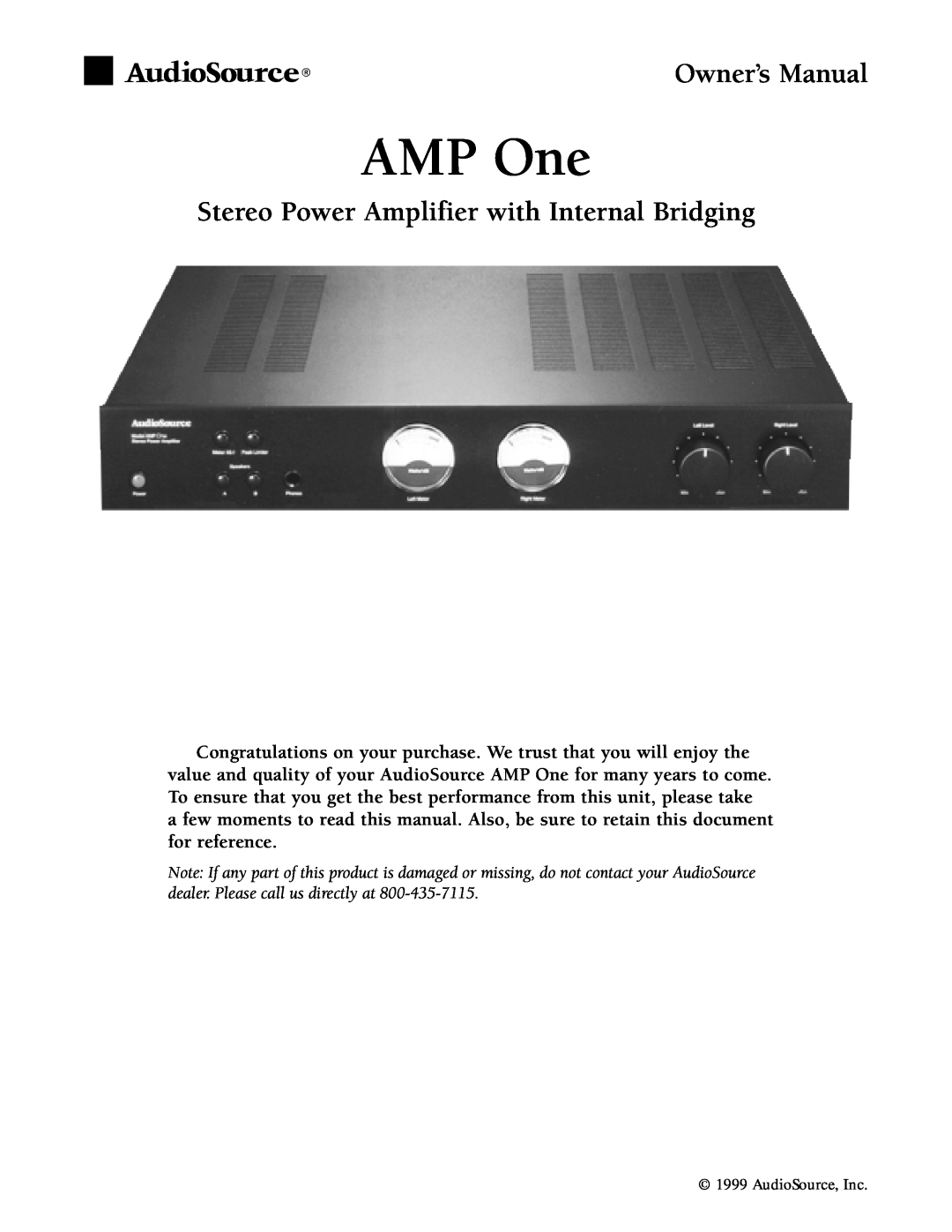 AudioSource PROJECTONE owner manual AMP One, Stereo Power Amplifier with Internal Bridging 