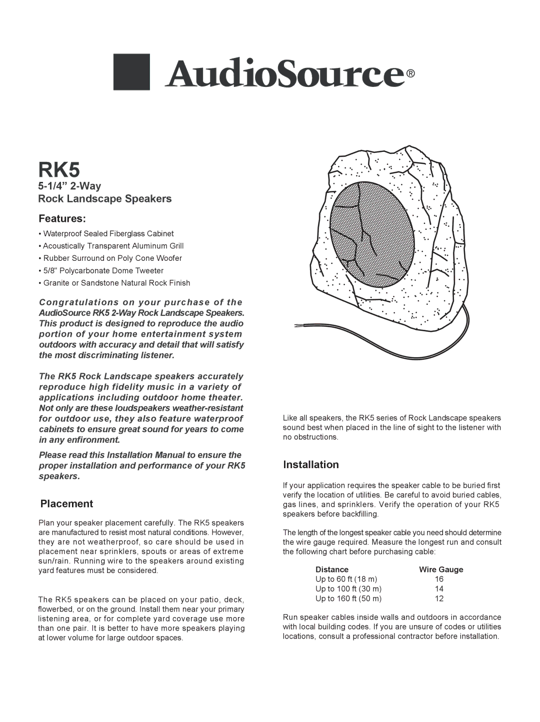 AudioSource rock landscape speakers installation manual 4 2-Way Rock Landscape Speakers Features, Placement, Installation 