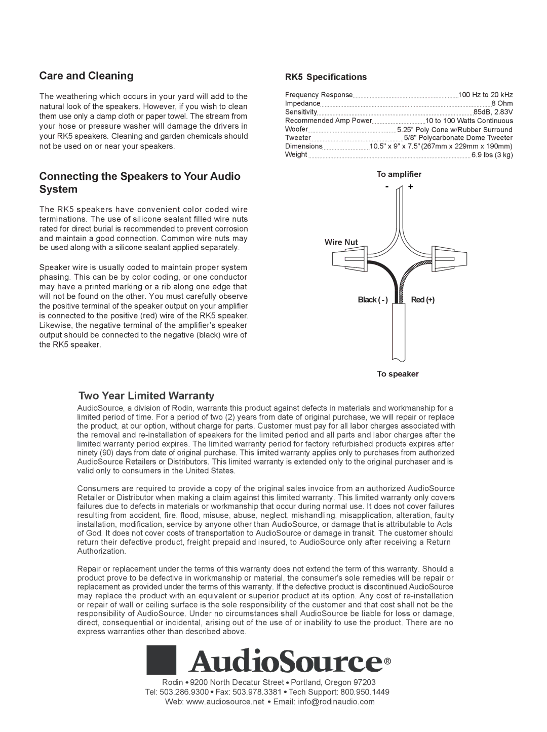 AudioSource RK5 Care and Cleaning, Connecting the Speakers to Your Audio System, Two Year Limited Warranty, To speaker 