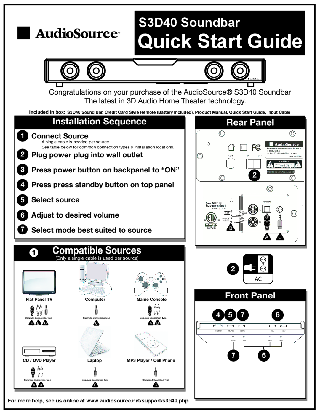 AudioSource AudioSource S3D40 Soundbar quick start Quick Start Guide, Compatible Sources, Installation Sequence 