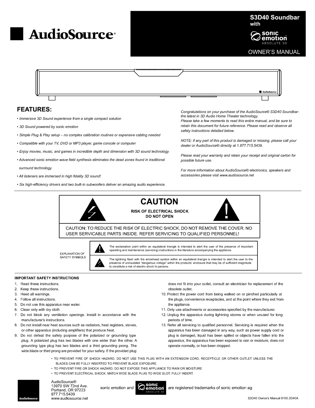 AudioSource S3D40 manual 