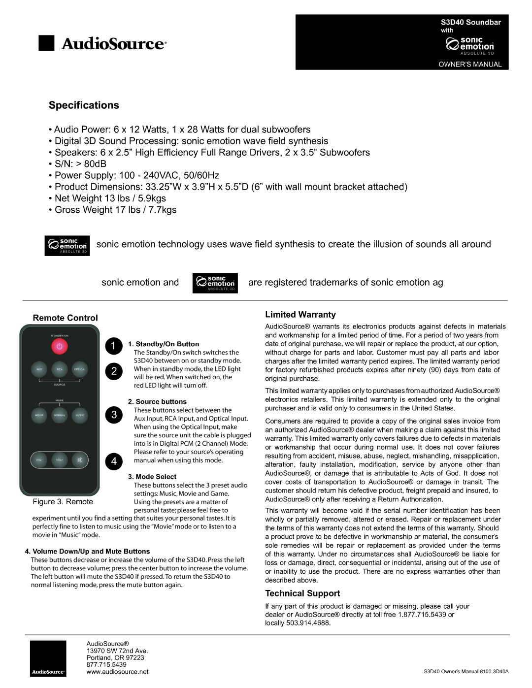 AudioSource S3D40 manual 