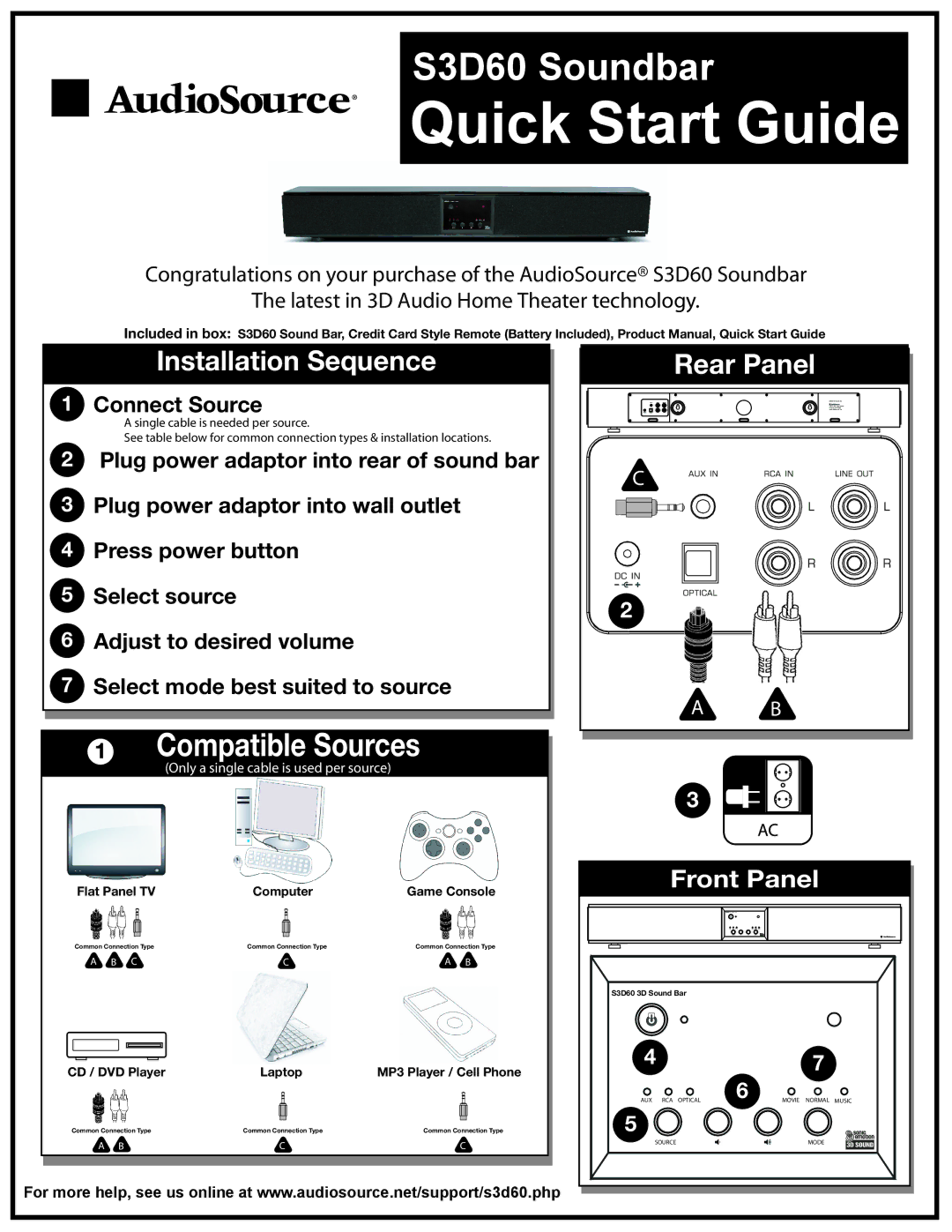 AudioSource AudioSource S3D60 Soundbar quick start Installation Sequence, Connect Source, Compatible Sources 