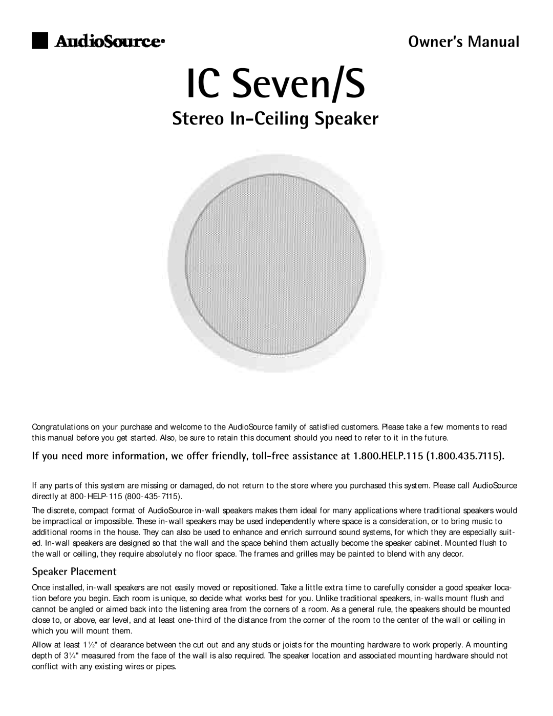 AudioSource owner manual IC Seven/S, Stereo In-Ceiling Speaker, Speaker Placement 