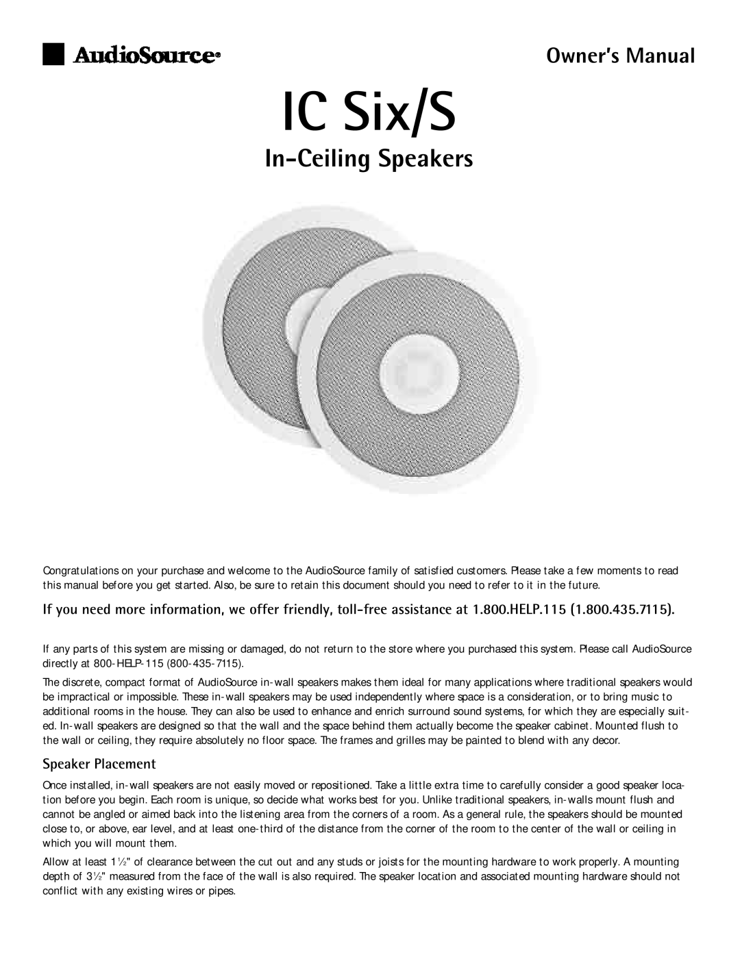 AudioSource owner manual IC Six/S, In-Ceiling Speakers, Speaker Placement 