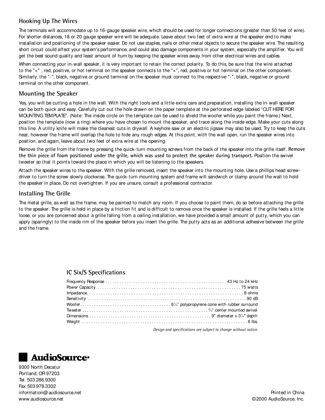 AudioSource owner manual Hooking Up The Wires, Mounting the Speaker, Installing The Grille, IC Six/S Specifications 