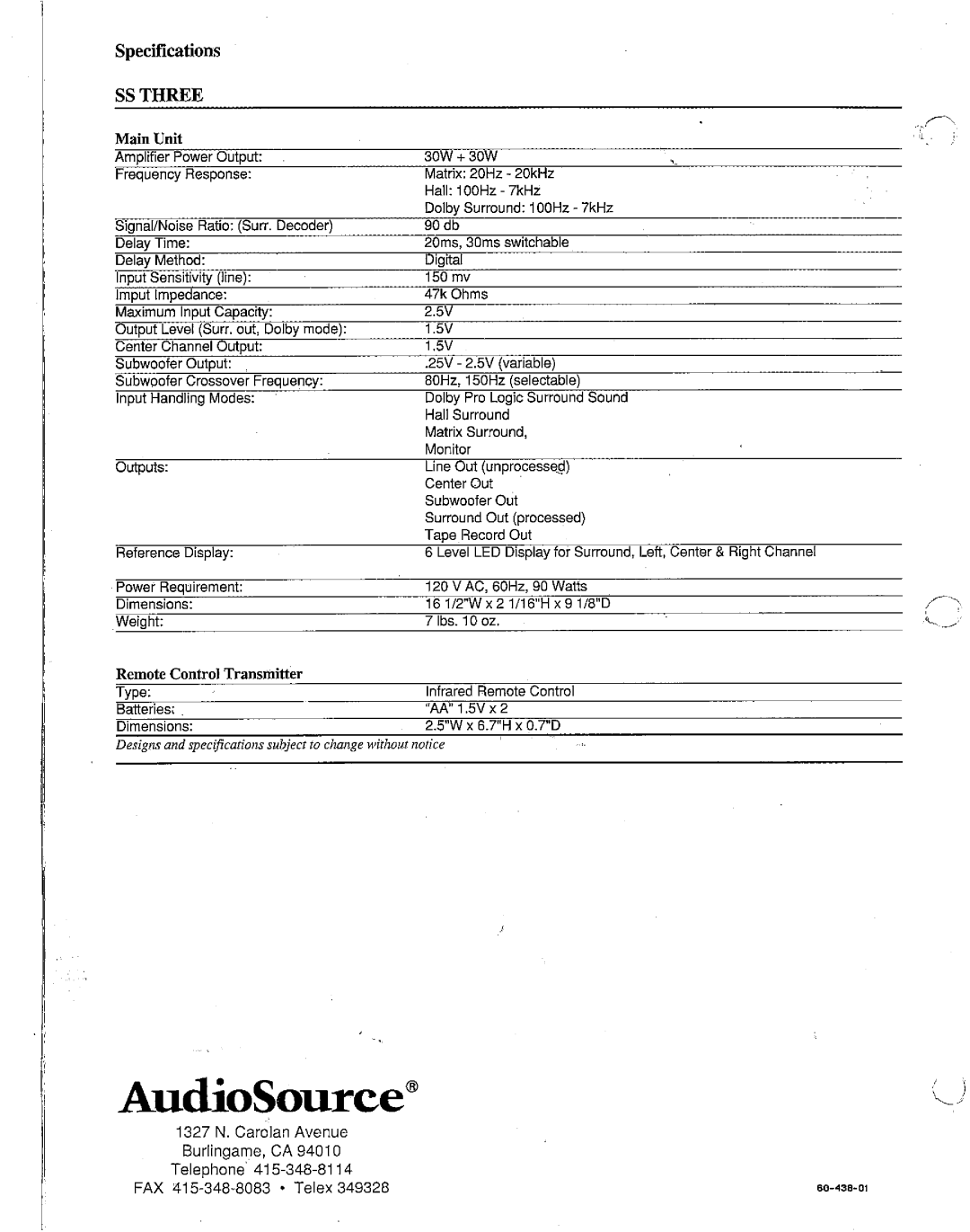 AudioSource SS THREE, Surround Sound Processor manual 