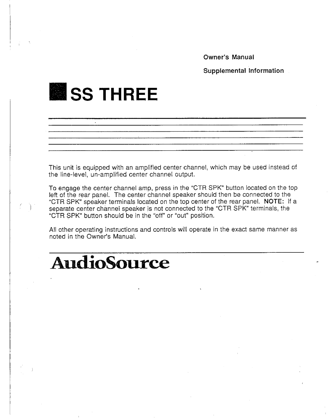 AudioSource Surround Sound Processor, SS THREE manual 