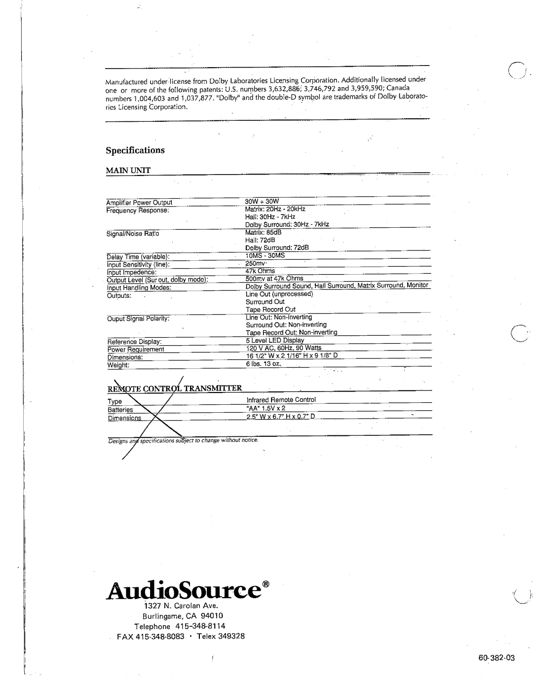 AudioSource Surround Sound Processor with Stereo Surround Amplifier, SS ONE/II manual 