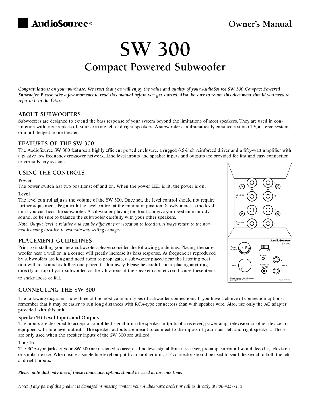 AudioSource Compact Powered Subwoofer, SW 300 owner manual About Subwoofers, Features of the SW, Using the Controls 