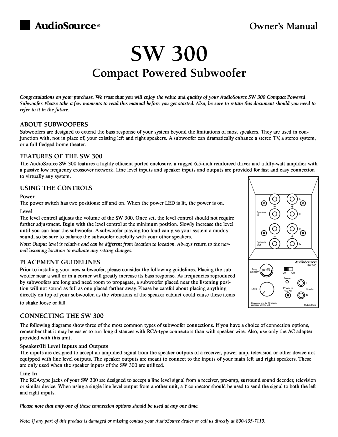 AudioSource Compact Powered Subwoofer, SW 300 owner manual About Subwoofers, Features Of The Sw, Using The Controls, Level 