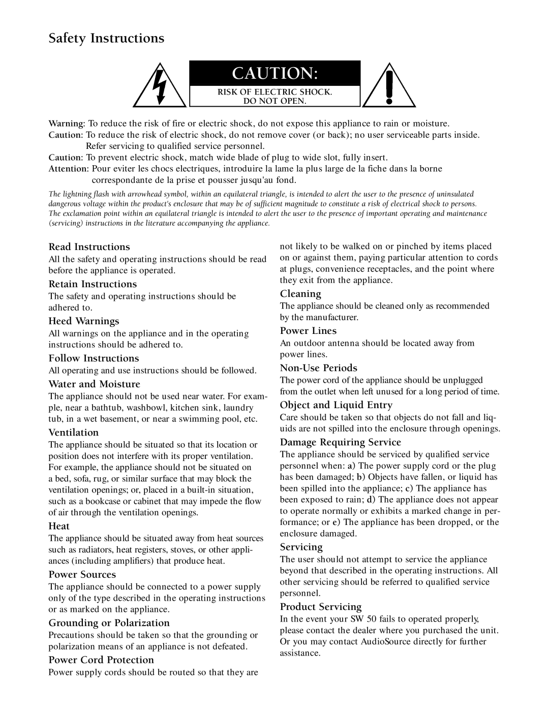 AudioSource SW 50 owner manual Safety Instructions, Risk of Electric Shock Do not Open 