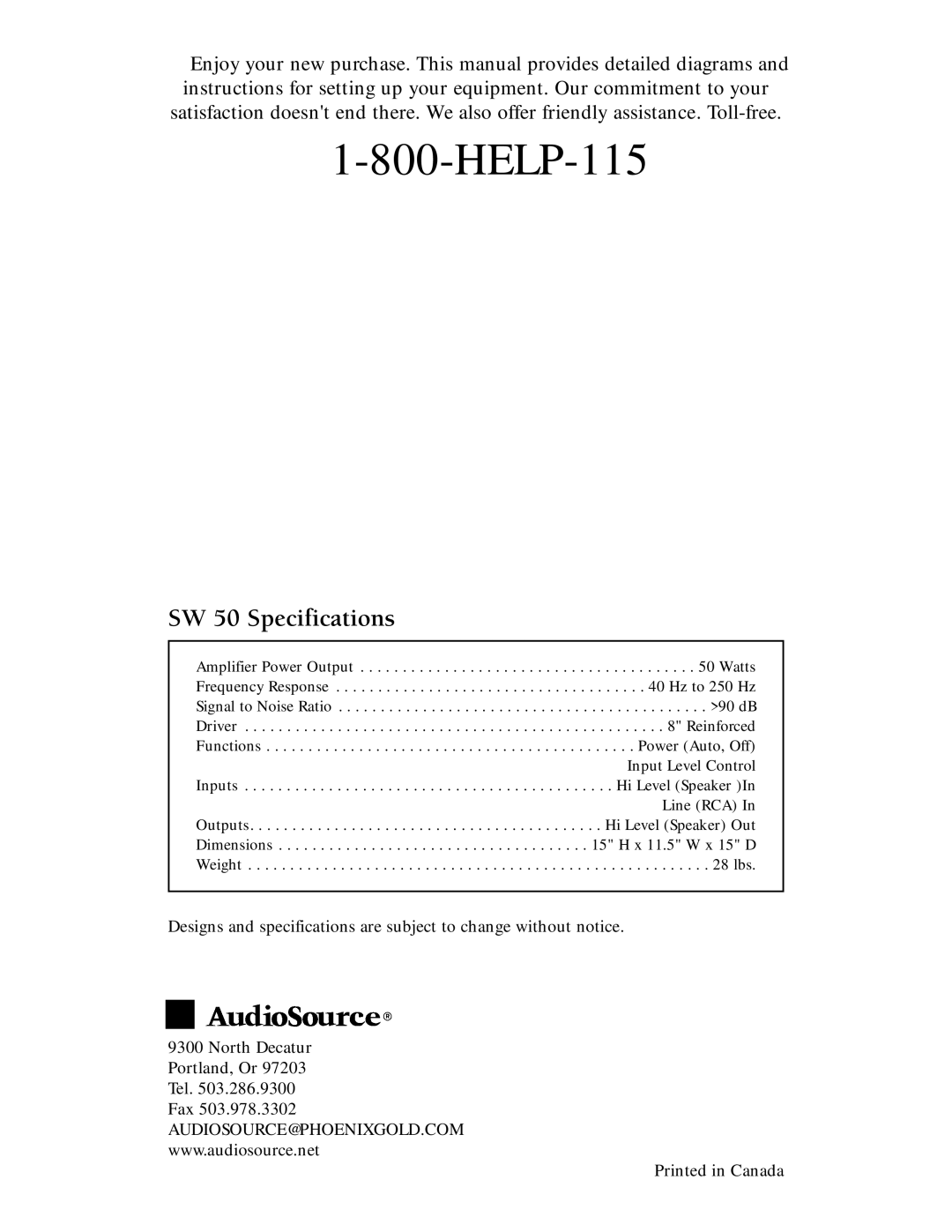 AudioSource Powered Subwoofer with Built-in Stereo Crossover owner manual HELP-115, SW 50 Specifications 