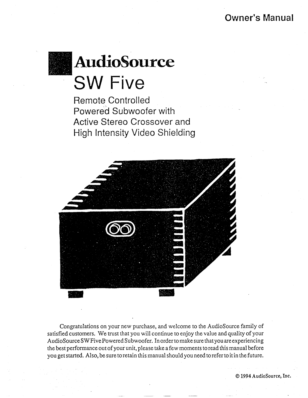 AudioSource Powered Subwoofer with Active Stereo Crossover and High Intensity Video Shielding, SW Five manual 