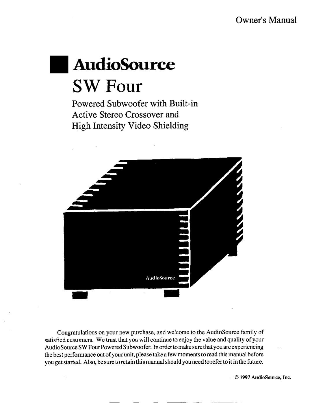 AudioSource Powered Subwoofer with Built-in Active Stereo Crossover High Intensity Video Shielding, SW Four manual 