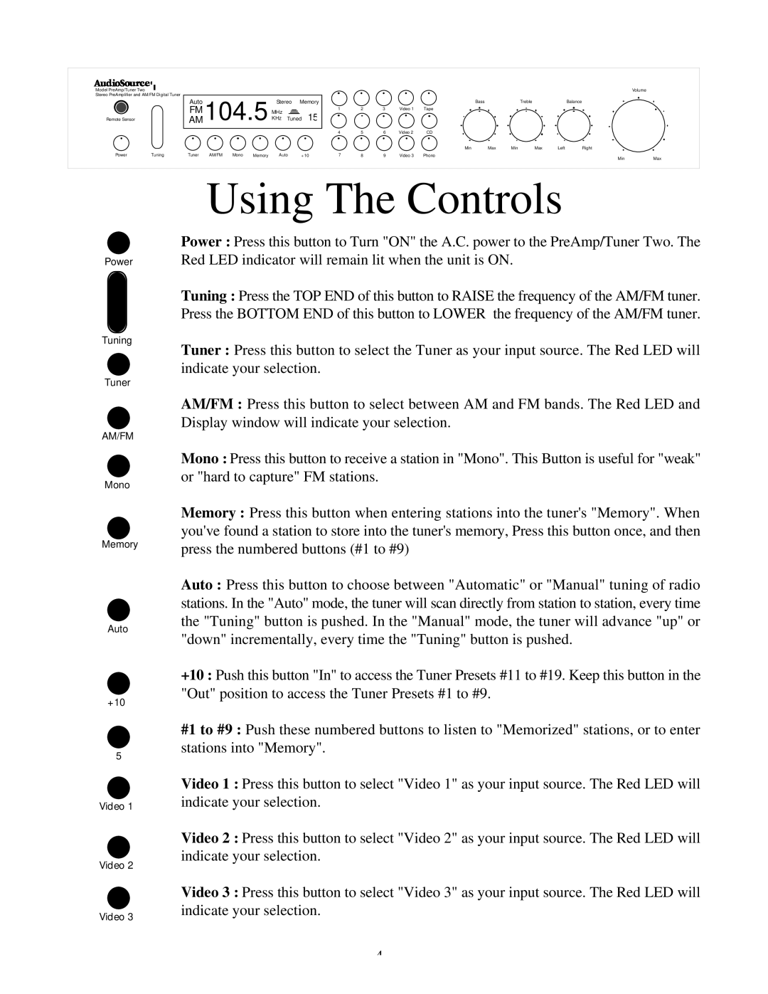 AudioSource SWTWO owner manual Using The Controls, Auto 