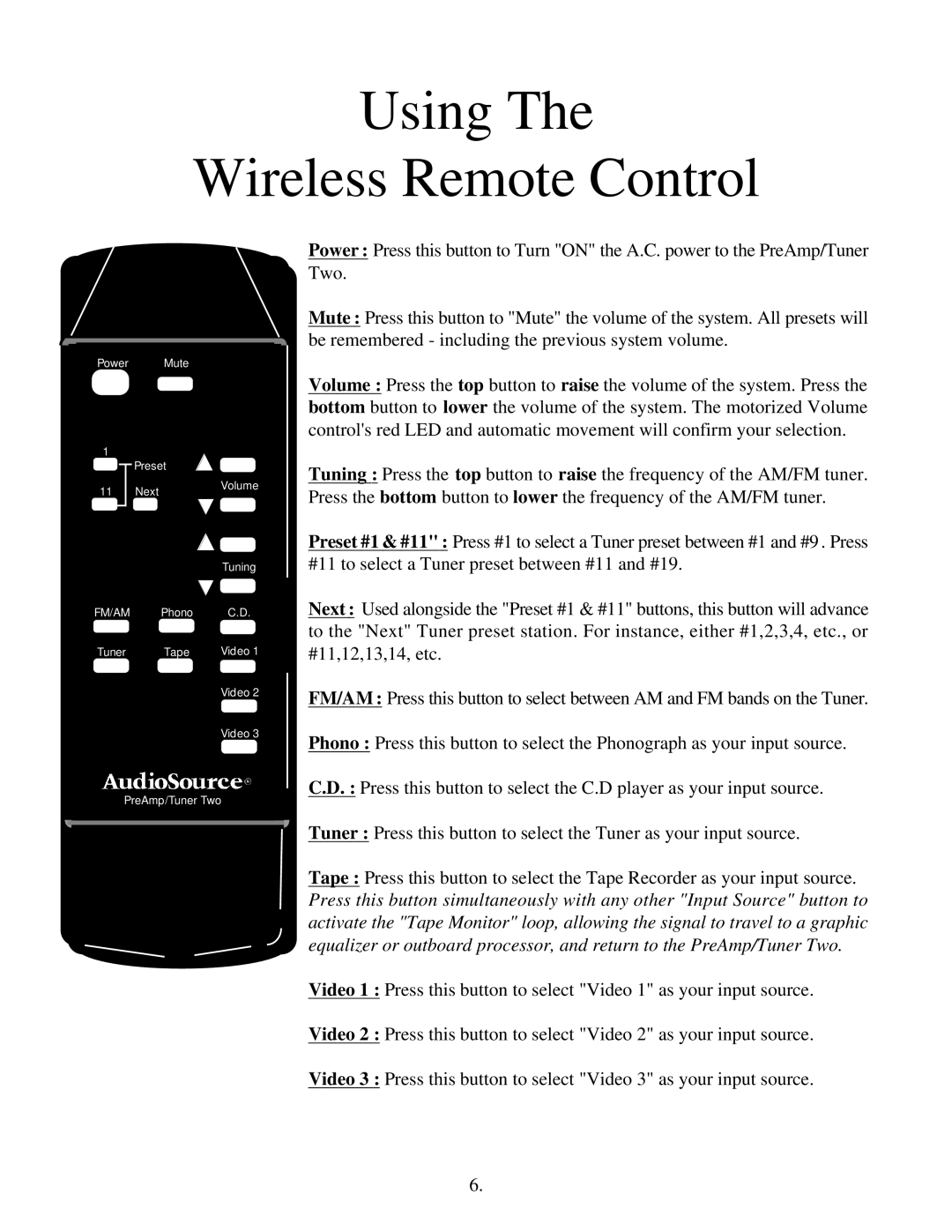 AudioSource SWTWO owner manual Using Wireless Remote Control 