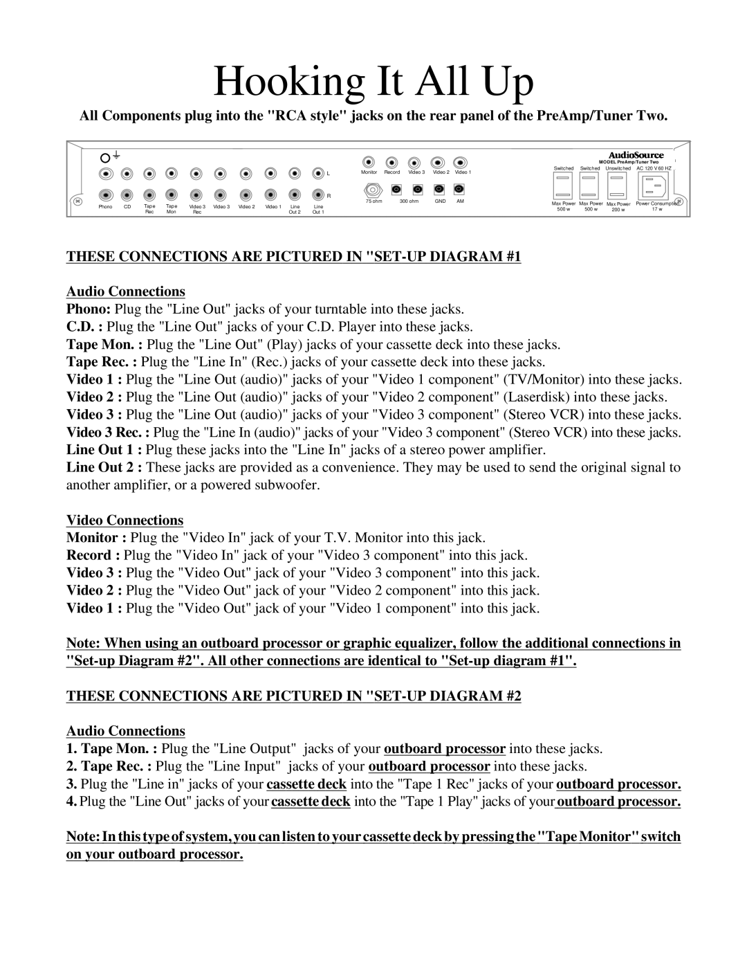AudioSource SWTWO owner manual Hooking It All Up, Model PreAmp/Tuner Two 